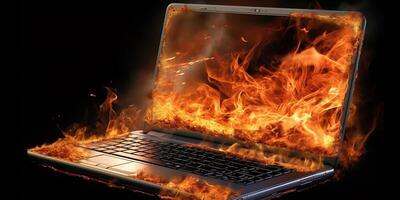 Laptop Verbrennung im Flammen auf ein dunkel Hintergrund mit ai generiert. foto