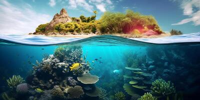unter Wasser Aussicht von tropisch Insel mit Koralle Riff und sandig Strand mit ai generiert. foto