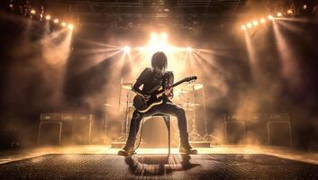 Silhouette von ein Felsen Musiker spielen das elektrisch Gitarre auf Bühne mit ai generiert. foto