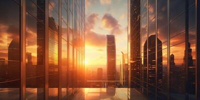 das Wolkenkratzer im das Geschäft Zone beim das Sonnenuntergang Zeit mit ai generiert. foto