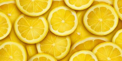 Zitrone und Zitrone Scheiben mit Blätter auf Gelb Hintergrund, oben Aussicht mit ai generiert. foto