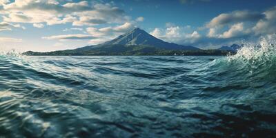 Welle auf das Oberfläche von das See und Berg mit ai generiert. foto