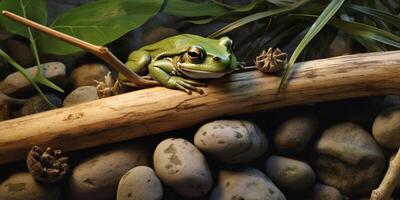 Grün Frosch Sitzung auf ein Stein auf ein Grün Hintergrund mit ai generiert. foto