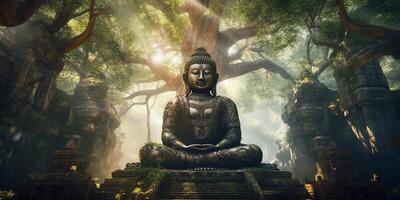 das uralt Buddha Statue im das Wald mit ai generiert. foto