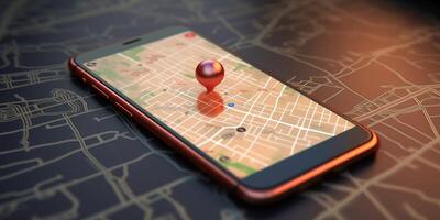 Geographisches Positionierungs System Navigation auf das Smartphone Bildschirm mit ai generiert. foto