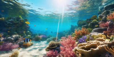 wunderbar und schön unter Wasser Welt mit Korallen und tropisch Fisch mit ai generiert. foto
