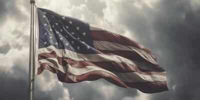 amerikanisch Flagge winken im das Wind gegen ein stürmisch Himmel mit ai generiert. foto