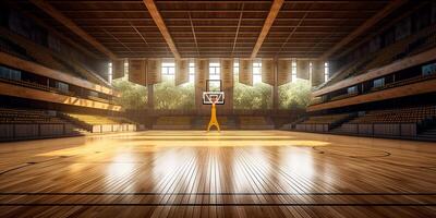 Stadion Basketball Gericht mit Holz Fußboden und Tribünen mit ai generiert. foto