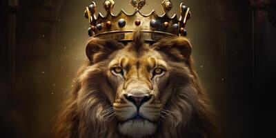 Löwe König im ein golden Krone auf ein dunkel Hintergrund mit ai generiert. foto