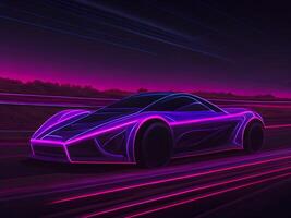 Beschleunigen Sport Auto auf Neon- Autobahn. generativ ai foto