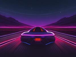 Beschleunigen Sport Auto auf Neon- Autobahn. generativ ai foto