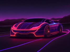 Beschleunigen Sport Auto auf Neon- Autobahn. generativ ai foto