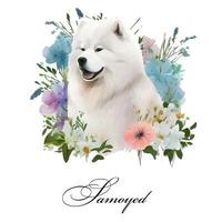 Aquarell ai generiert Illustration von ein Single Hund Rasse samoyed mit Blumen. leiten Hund, ein Behinderung Hilfe Hund. Aquarell Tier Sammlung von Hunde. Hund Porträt. Illustration von Haustier. foto