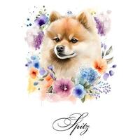 Aquarell ai generiert Illustration von ein Single Hund Rasse Spitz mit Blumen. leiten Hund, ein Behinderung Hilfe Hund. Aquarell Tier Sammlung von Hunde. Hund Porträt. Illustration von Haustier. foto