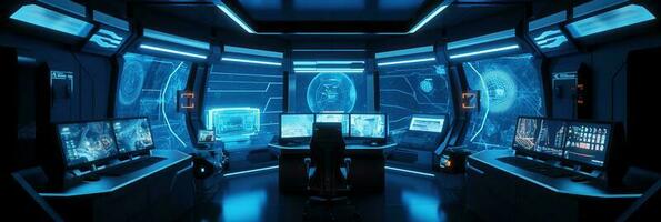 Befehl Center Innere Banner. 3d Zimmer mit Neon- Licht. Sci-Fi Konzept mit Bildschirme und Arbeitsplatz. Zukunft Überwachung Zimmer. foto