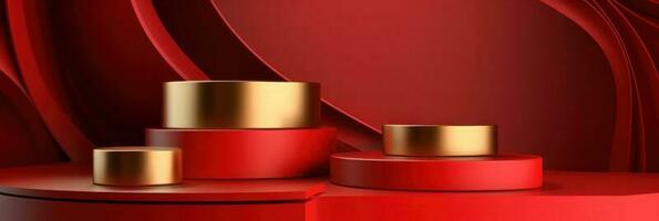 rot modern Stil einer Podium Produkt Vitrine mit golden Ring Rahmen japanisch Stil Muster Hintergrund. ein Luxus Bühne zum Produkt Werbung. foto