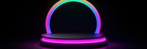 3d dunkel voll Podium mit Neon- Regenbogen Licht auf ein schwarz Hintergrund. leeren Bühne zum Produkt Präsentation oder Mode Show Leistung, Sockel im Nachtclub tanzen Fußboden foto