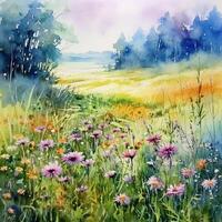 Sommer- Wiese Aquarell Hintergrund. Illustration ai generativ foto