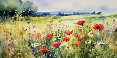 Sommer- Wiese Aquarell Hintergrund. Illustration ai generativ foto