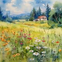 Sommer- Wiese Aquarell Hintergrund. Illustration ai generativ foto