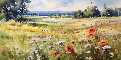 Sommer- Wiese Aquarell Hintergrund. Illustration ai generativ foto