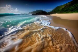 ai generiert schön einsam tropisch Strand, viel Grün Pflanzen, Palmen, Blau Meer, Blau Himmel, Weiß Wolken, Weiß Sand, Papier Schnitt Stil, Banner foto