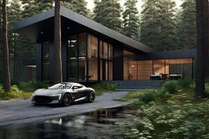 ai generiert modern Öko Haus im minimalistisch Design mit Sport Auto im Vorderseite von es und gelegen im das Wald foto