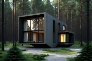 ai generiert modern Öko Haus im minimalistisch Design mit Sport Auto im Vorderseite von es und gelegen im das Wald foto