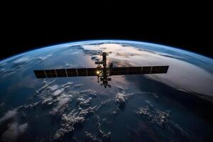 ai generiert Erde Satelliten und International Raum Bahnhof Kosmos Universum mit Raumfahrer foto