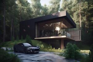 ai generiert modern Öko Haus im minimalistisch Design mit Sport Auto im Vorderseite von es und gelegen im das Wald foto