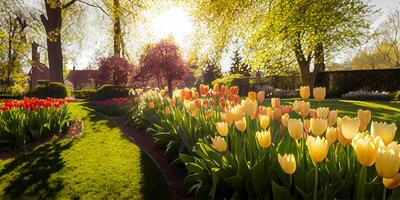 bunt Tulpe Blumen Landschaft Hintergrund auf ein Garten sonnig Tag. generativ ai. foto