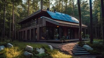 modern klein Haus mit Solar- Paneele im das Wald. ai generiert Illustration foto