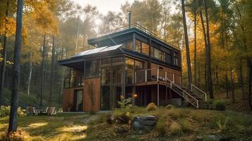 modern klein Haus mit Solar- Paneele im das Wald. ai generiert Illustration foto