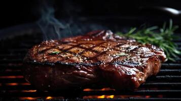 Steak auf das Grill, im das Hintergrund Sie können sehen das Feuer langsam schwelend. ai generiert Illustration foto