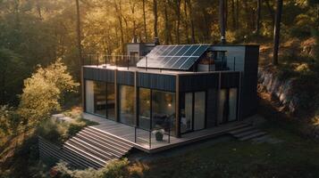 modern klein Haus mit Solar- Paneele im das Wald. ai generiert Illustration foto