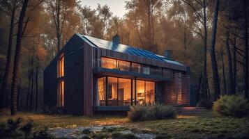 modern klein Haus mit Solar- Paneele im das Wald. ai generiert Illustration foto