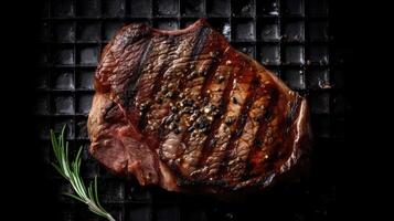 Steak auf ein dunkel Metall Grill Base mit Gewürze. ai generiert Illustration foto