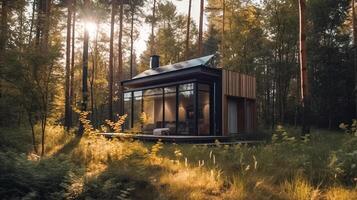 modern klein Haus mit Solar- Paneele im das Wald. ai generiert Illustration foto