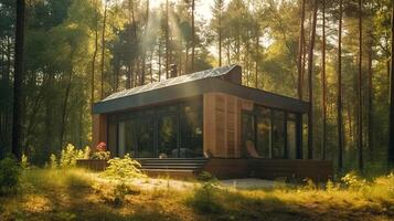 modern klein Haus mit Solar- Paneele im das Wald. ai generiert Illustration foto