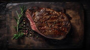 Steak auf ein dunkel hölzern Base mit Gewürze. ai generiert Illustration foto