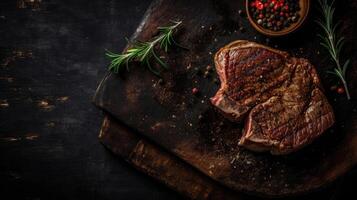 Steak auf ein dunkel hölzern Base mit Gewürze. ai generiert Illustration foto