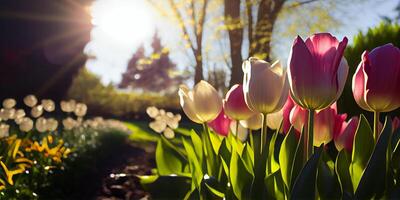 bunt Tulpe Blumen Landschaft Hintergrund auf ein Garten sonnig Tag. generativ ai. foto