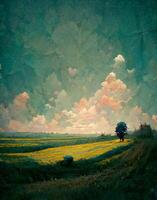 Gemälde von ein Feld mit ein einsam Baum. generativ ai. foto