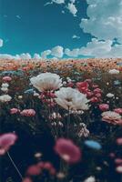 Feld von Blumen mit ein Blau Himmel im das Hintergrund. generativ ai. foto