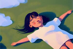jung Mädchen Verlegung auf oben von ein üppig Grün Feld. generativ ai. foto