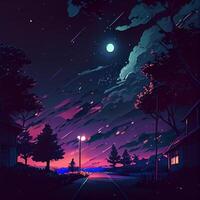 Straße beim Nacht mit ein voll Mond im das Himmel. generativ ai. foto