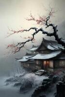 Gemälde von ein japanisch Haus im das Schnee. generativ ai. foto