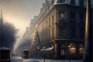 Zug Reisen Nieder ein schneebedeckt Straße Nächster zu hoch Gebäude. generativ ai. foto