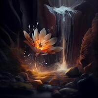 Gemälde von ein Blume im Vorderseite von ein Wasserfall. generativ ai. foto