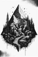 schwarz und Weiß Zeichnung von ein Berg mit ein Wasserfall. generativ ai. foto